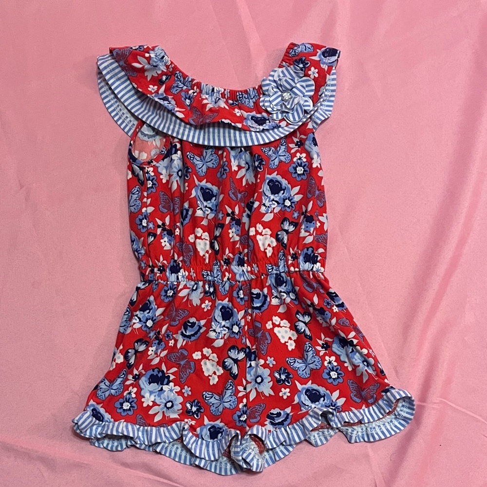 Little Lass Red and Blue Floral Romper
